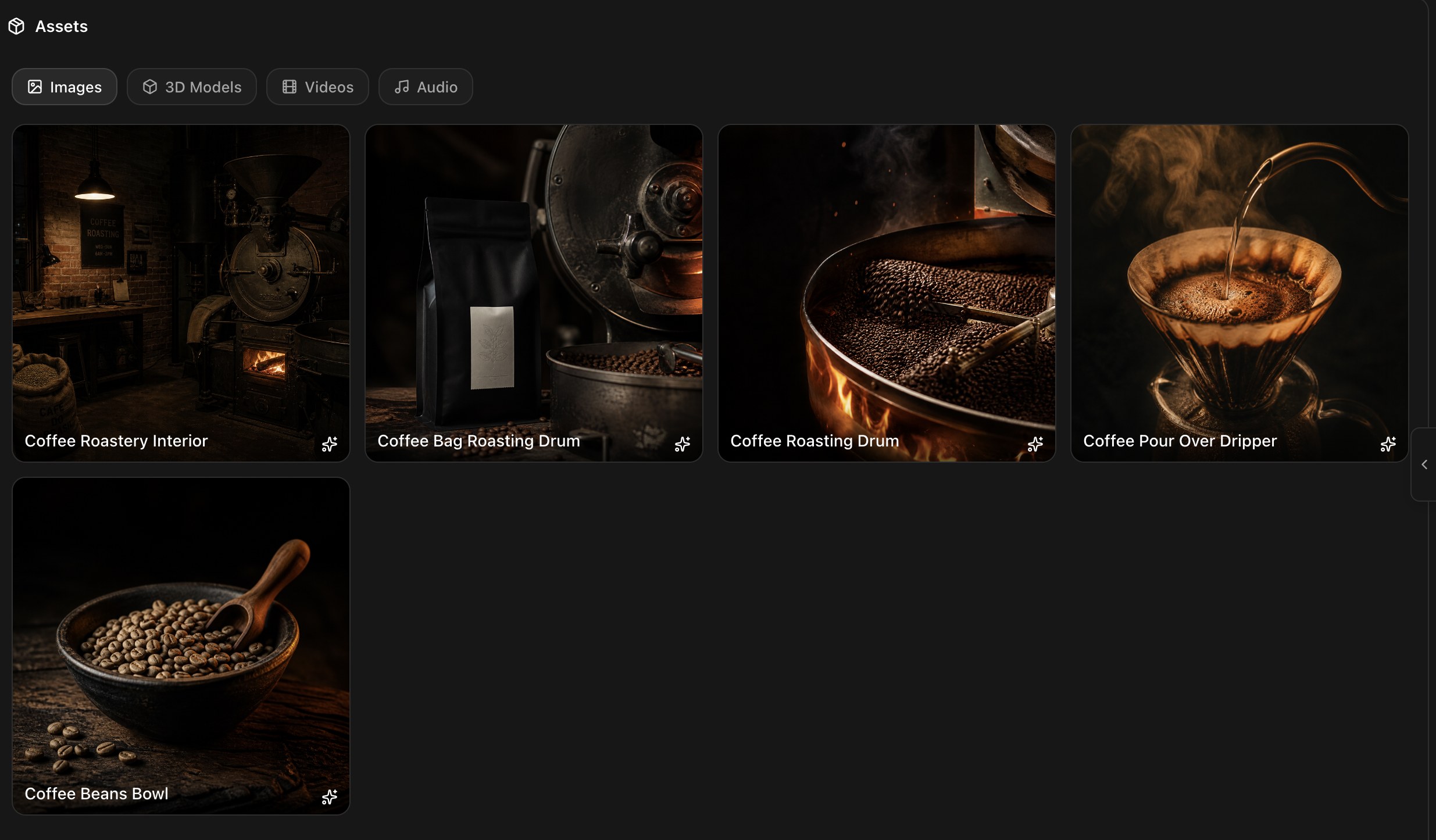 The Rork Assets tab with generated coffee images and filters for images, videos, audio and 3D models