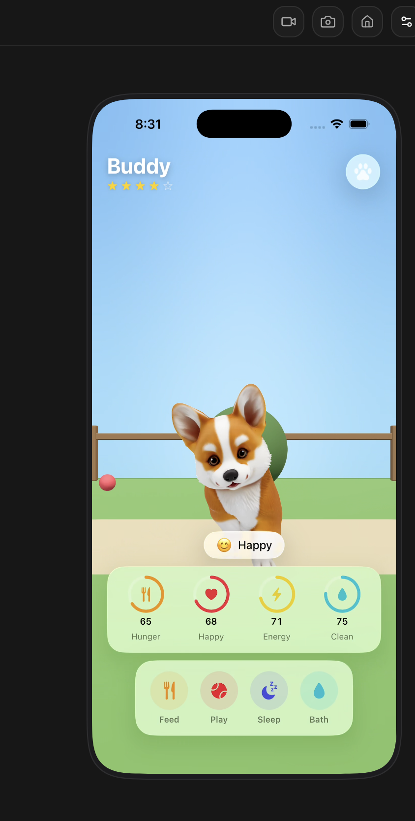 Buddy, a virtual pet game running in the Rork iPhone simulator, with feed, play, sleep and bath controls