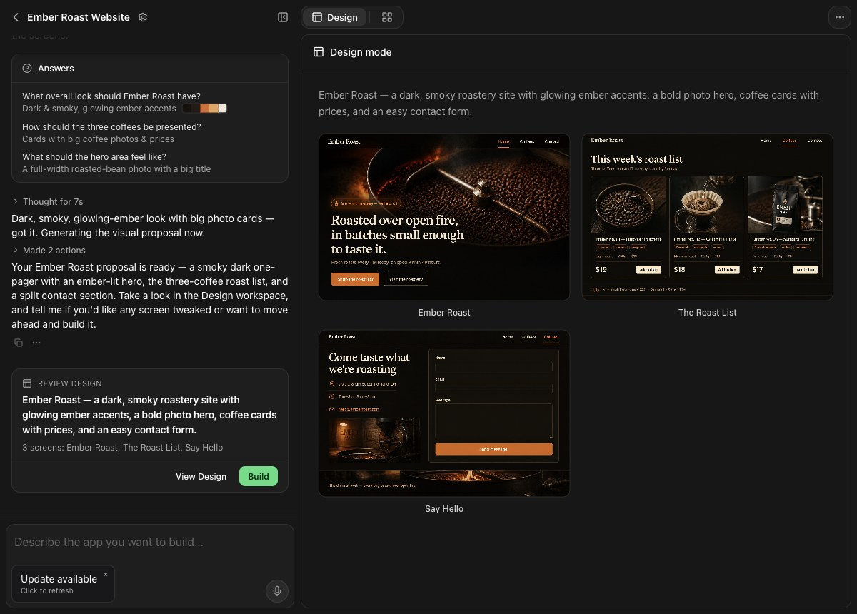 Design Mode showing proposed Ember Roast screens and the Review design and Build controls