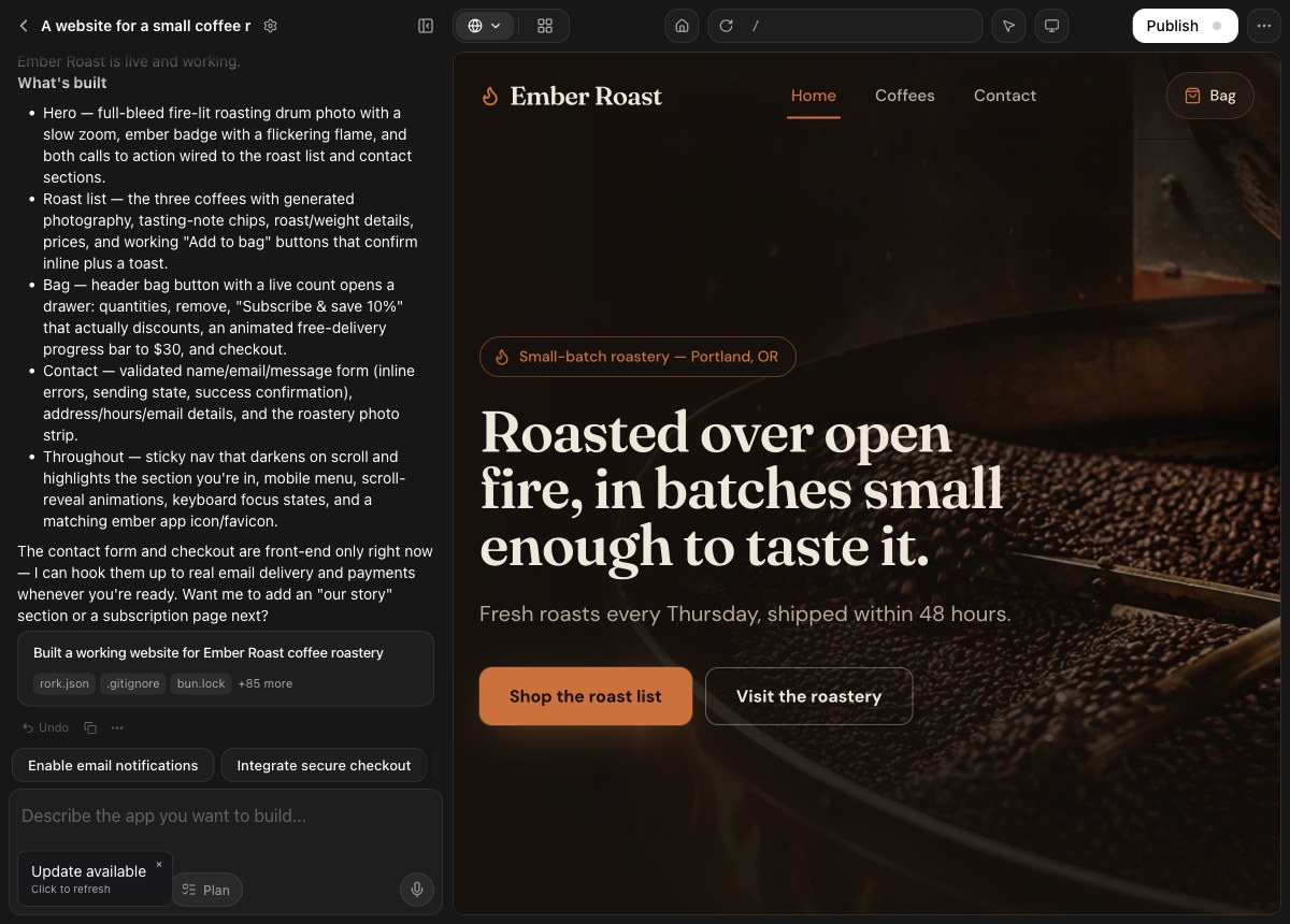 A coffee website built in Rork, with chat beside the live web preview